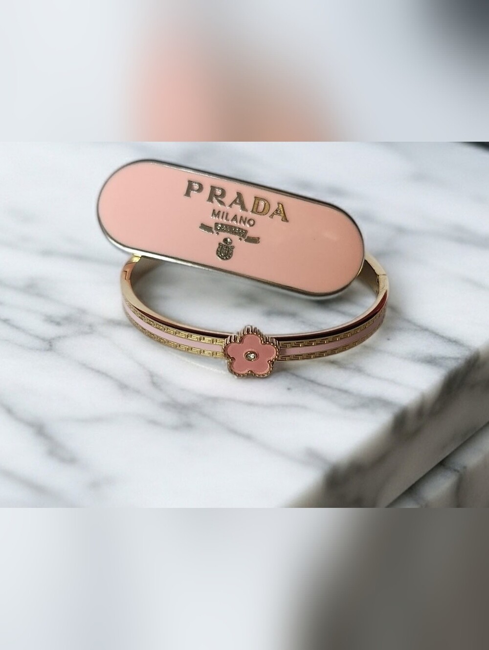 Prada Pink Enamel Logo 3" NEW and Nonbranded Clover Bracelet 7"